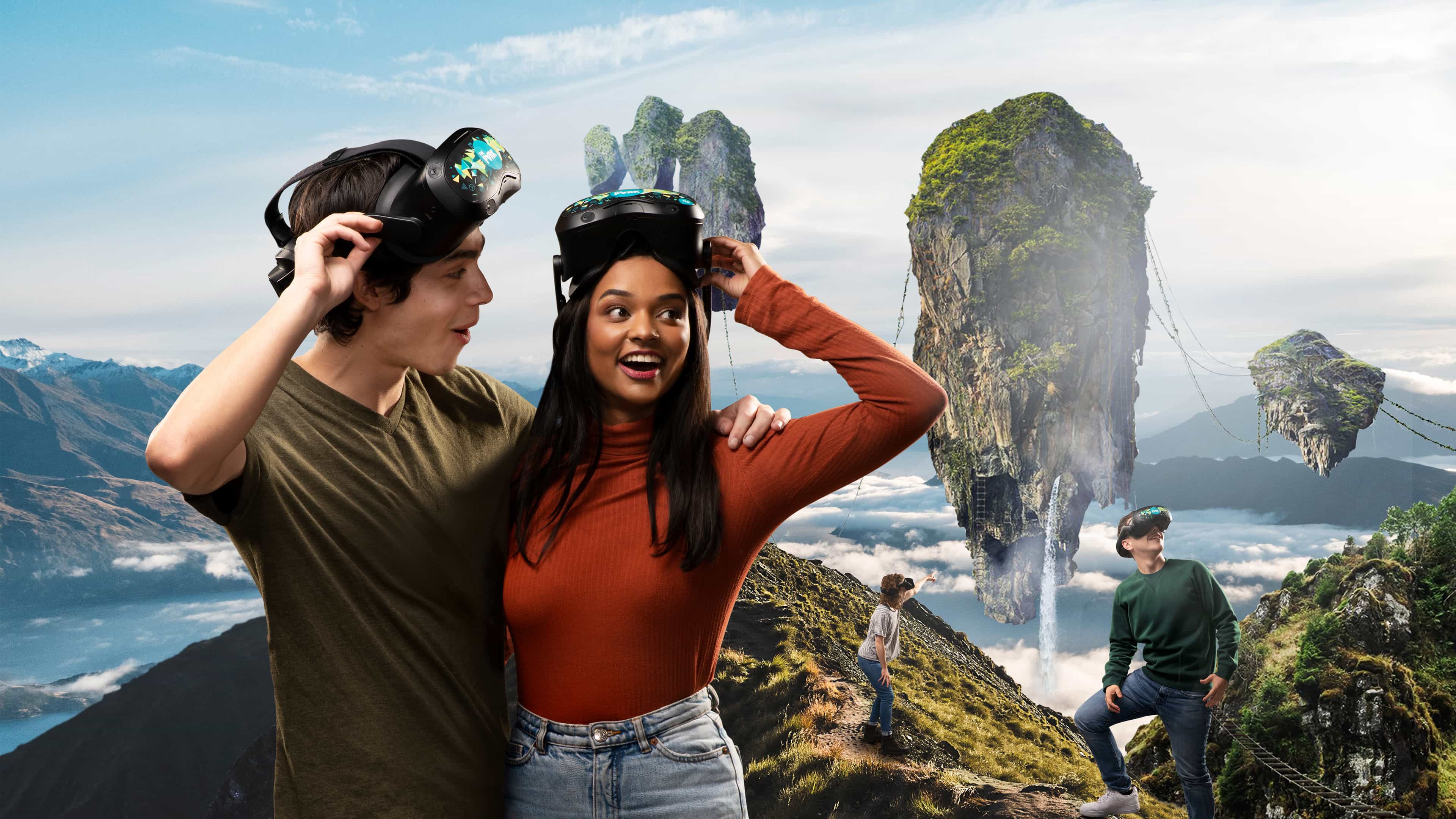 Background image with mountains and people wearing vr goggles