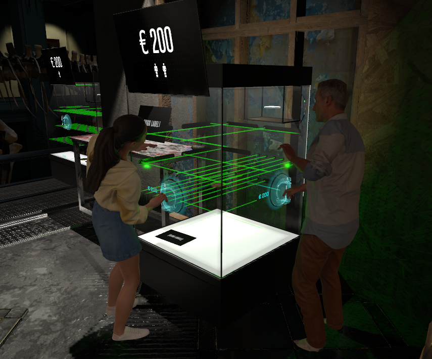 The snitch game image: Two people working together to push an element through a laser grid.