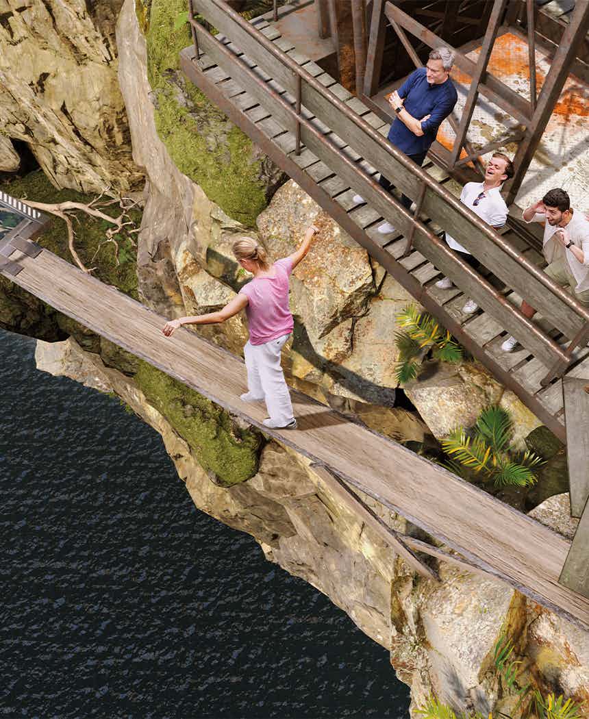 The Snitch game image: Woman walking along a plank above an abyss.