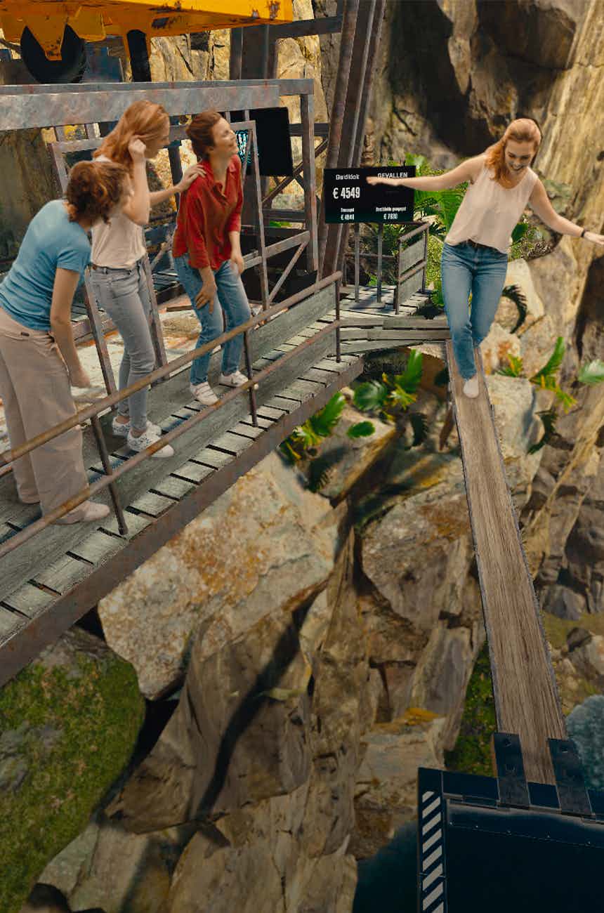 Game trailer video thumbnail: girls walking on a plank high above an abyss.